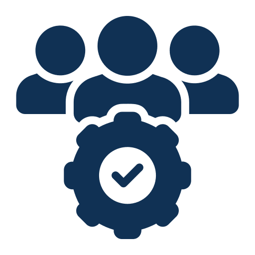 Icon of three people with a gear and check mark in front, symbolizing teamwork and task completion.