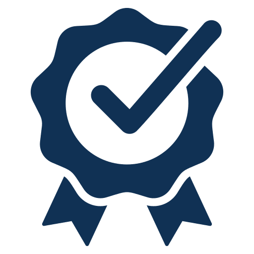 A dark blue ribbon badge icon with a checkmark inside a circle, indicating approval or certification.