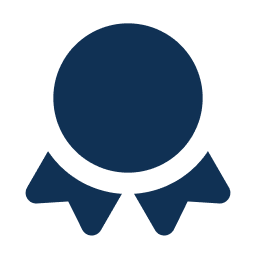 A blue award ribbon icon with a circular center and two triangular ribbon tails.